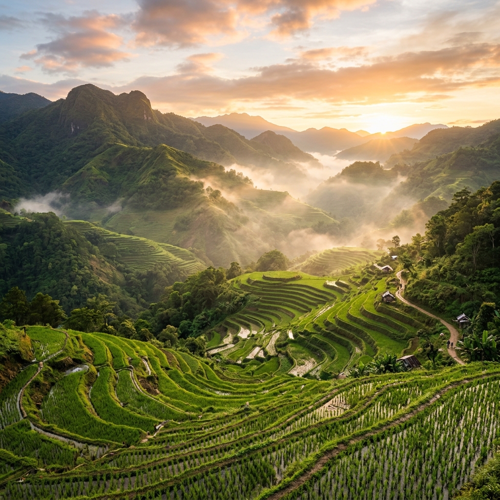 Majestic sunrise over Cordillera mountain ranges and terraced agricultural architecture